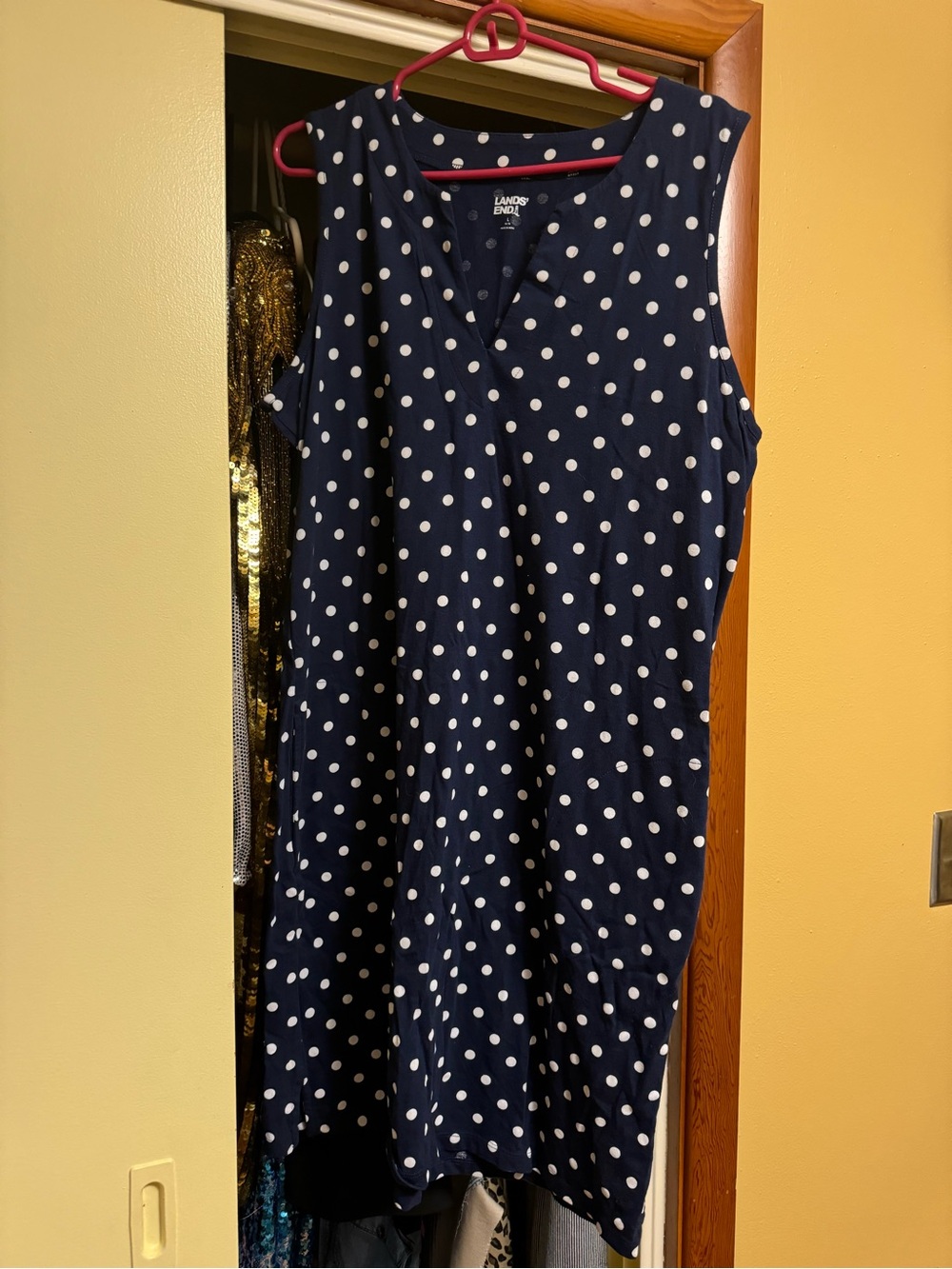 Lands' End Navy Blue Sleeveless Polka Dot Midi Dress